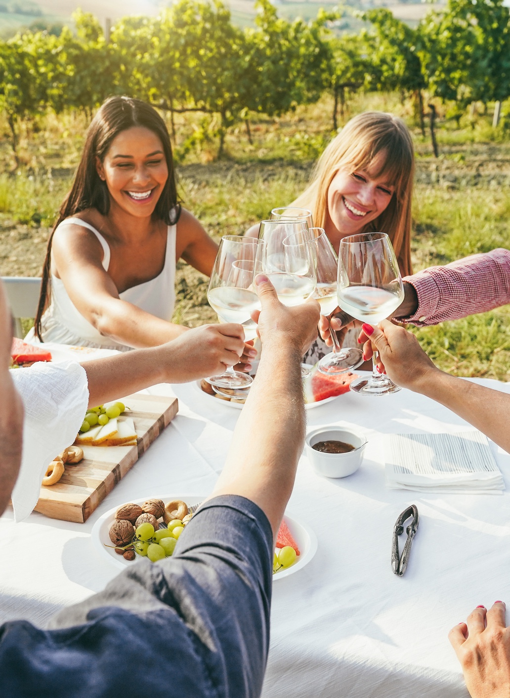 Group cheersing white wine in a vineyard. Women smiling.